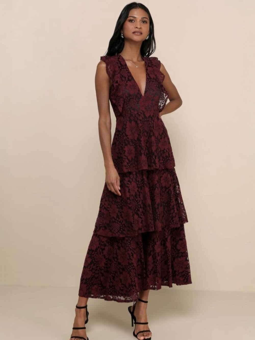 NWT Lulus Molinetto Burgundy Lace Ruffled Tiered Sleeveless Maxi Dress​ - Picture 5 of 10